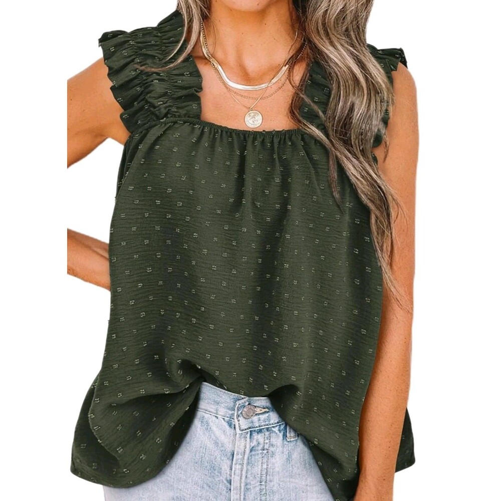 Boho Floral Shirred Sleeveless Strap Loose Fit Tank Beach Blouse Square Pull On